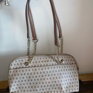 DKNY Brown Monogram Logo Print Gold Strap Purse NWT
